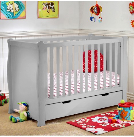 4Baby 3 in 1 Sleigh Cot With Drawer & Maxi Air Cool Mattress - Grey